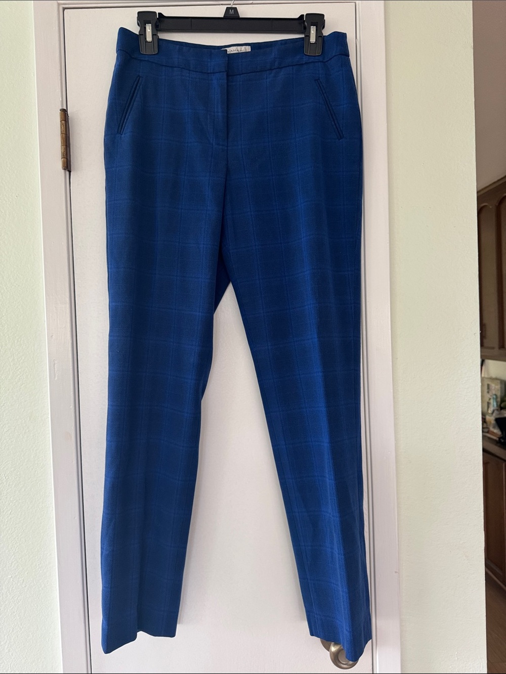 Tahari Electric Blue Plaid Slim Tailored Trousers